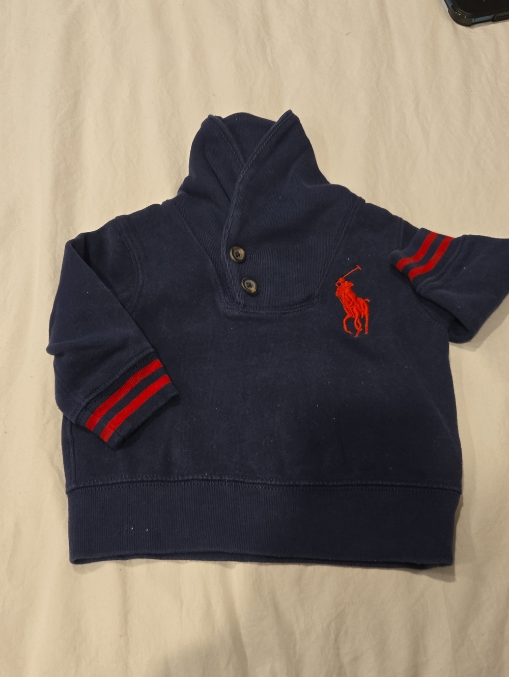 Ralph Lauren Navy Pullover Hoodie with Red Polo Logo and Sleeve Stripes 9MO